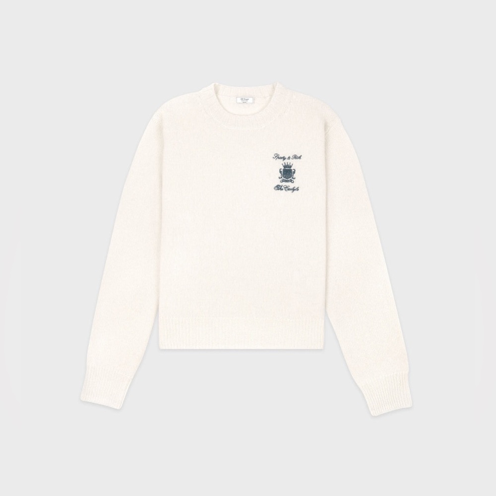 Sporty & Rich The Carlyle Crest Cashmere Crewneck - Cream/Forest - L - NWT